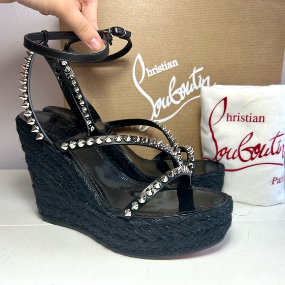 New! CHRISTIAN LOUBOUTIN MAFALDINA ZEPPA WEDGE SANDAL SPIKES BLACK LEATHER SZ 38 - Picture 5 of 15